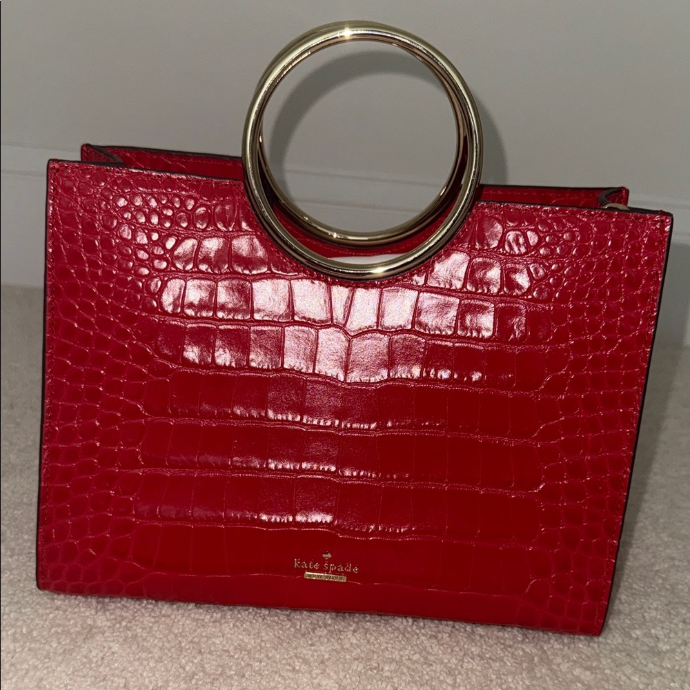 Kate Spade Red Croc-Embossed Tote with Gold Handles